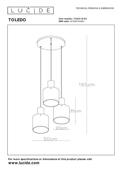 Lucide TOLEDO - Hanglamp - 3xE27 - Amber - technisch